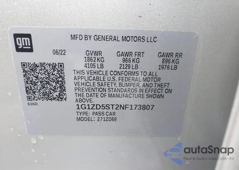 2022 Chevrolet Malibu Lt z USA, uszkodzony, nr VIN 1G1ZD5ST2NF173807